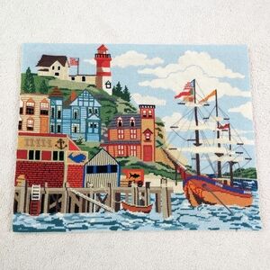 Vintage 1979 New England Shore town Needlepoint Embroidery Seascape Art